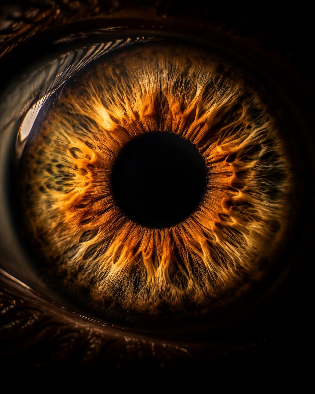 Illustrative macro photograph of an amber iris on a black background; not client photography